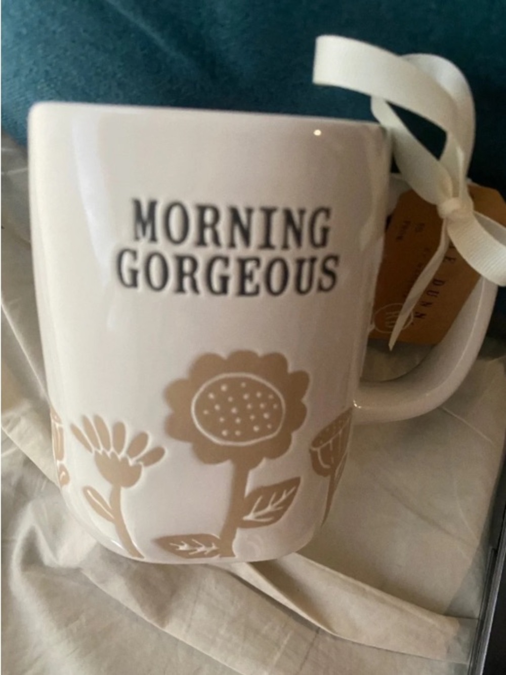 NWT Rae Dunn Ceramic "Morning Gorgeous" Floral Beige Coffee Tea Mug